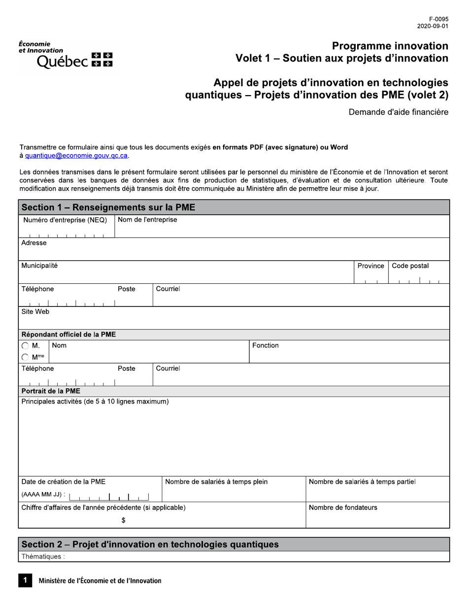 Forme F-0095 Volet 2 Formulaire De Demande Daide Financiere - Appel De Projets Dinnovation En Technologies Quantiques - Quebec, Canada (French), Page 1