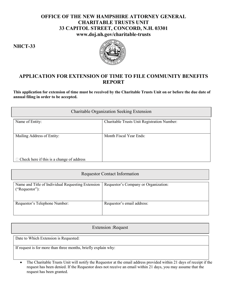 Form NHCT-33 Application for Extension of Time to File Community Benefits Report - New Hampshire, Page 1