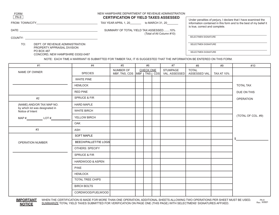 Form PA-9 Certification of Yield Taxes Assessed - New Hampshire, Page 1