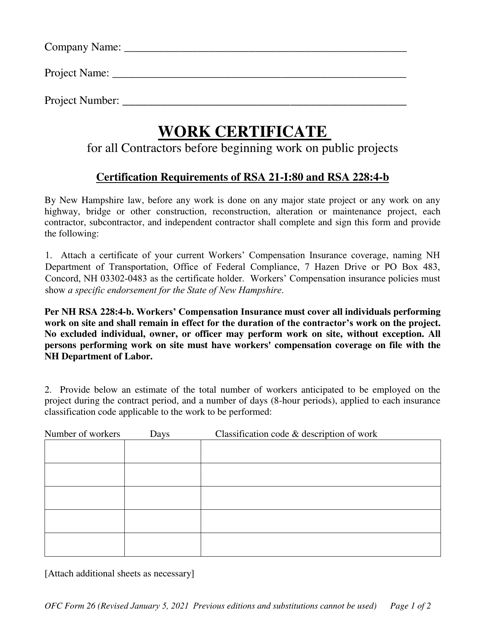 OFC Form 26 Work Certificate - New Hampshire