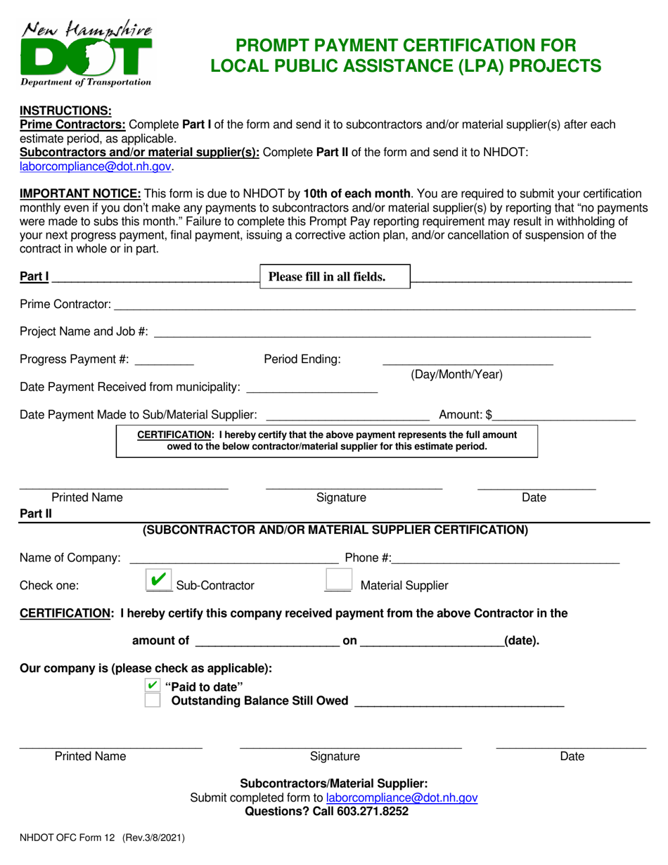 OFC Form 12 Prompt Payment Certification for Local Public Assistance (Lpa) Projects - New Hampshire, Page 1