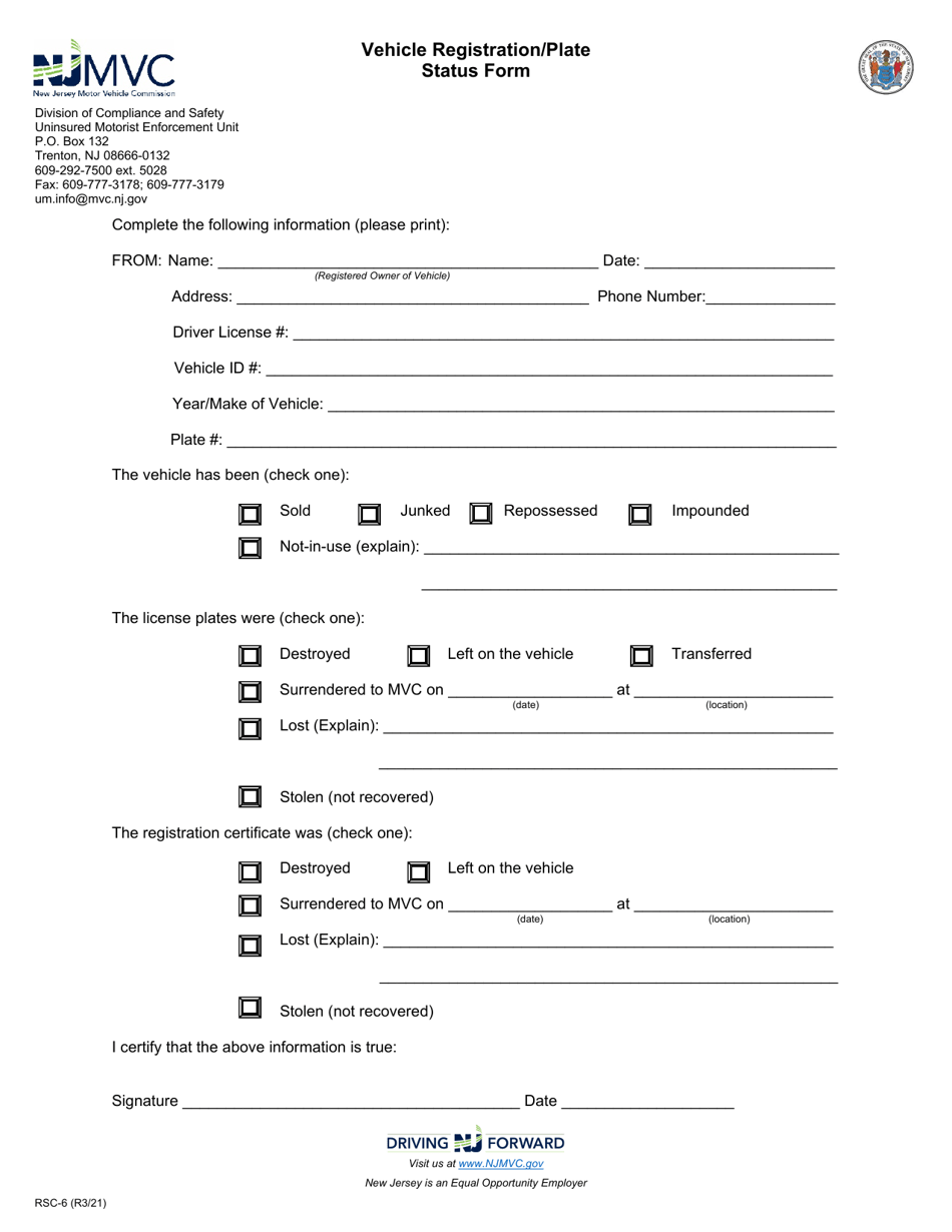 Form RSC-6 Download Fillable PDF or Fill Online Vehicle Registration ...