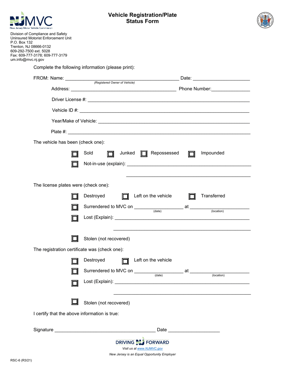 Form RSC-6 Vehicle Registration / Plate Status Form - New Jersey, Page 1