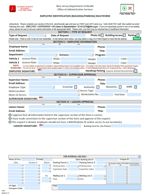 Form FM-7 Employee Identification (Building/Parking) Multiform - New Jersey
