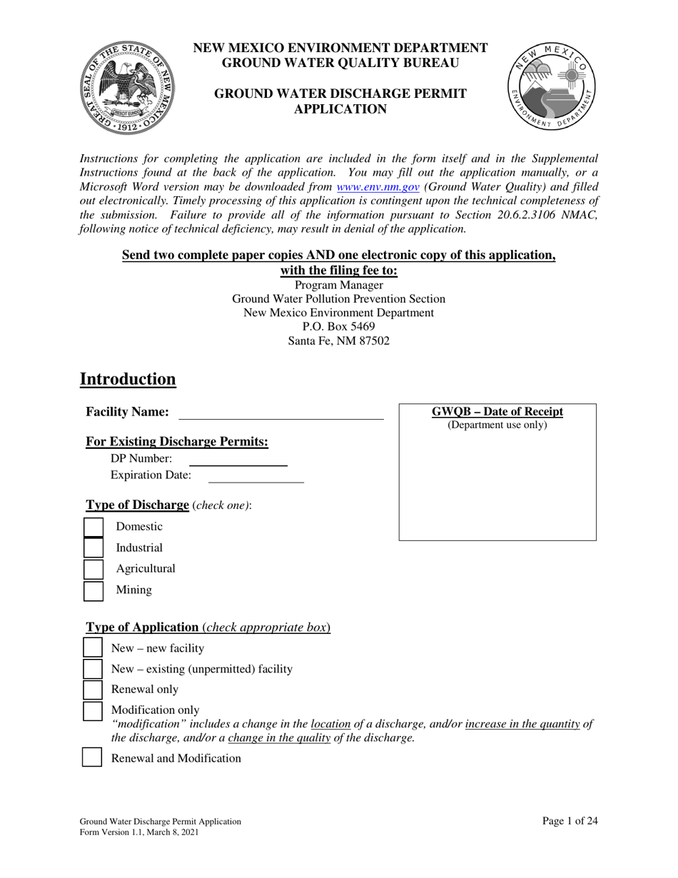 Ground Water Discharge Permit Application - New Mexico, Page 1