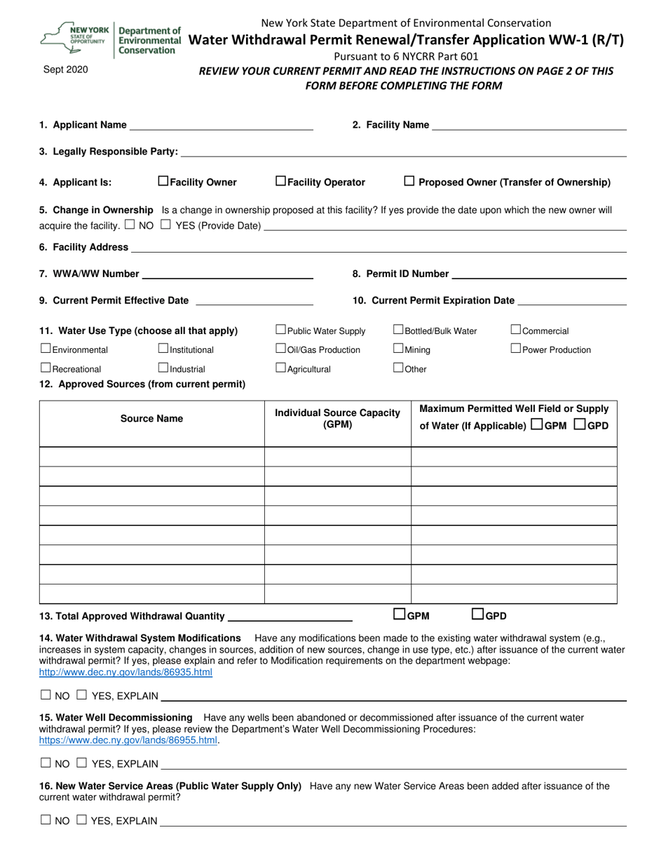 Form WW-1 (R/T) Download Fillable PDF or Fill Online Water Withdrawal ...