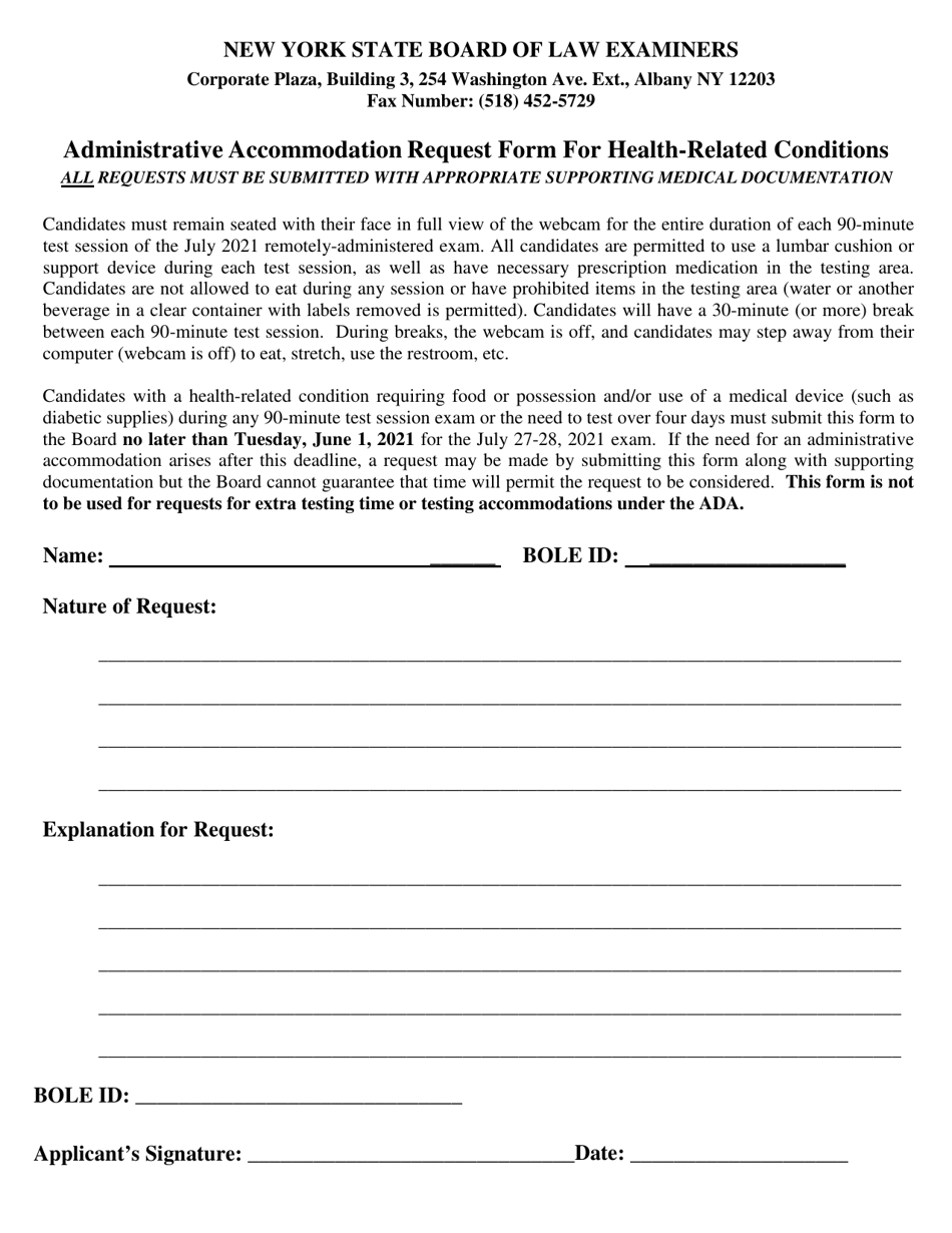 Administrative Accommodation Request Form for Health-Related Conditions - New York, Page 1