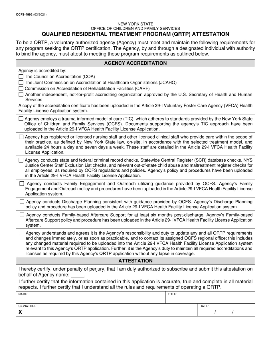 Form OCFS-4992 Qualified Residential Treatment Program (Qrtp) Attestation - New York, Page 1