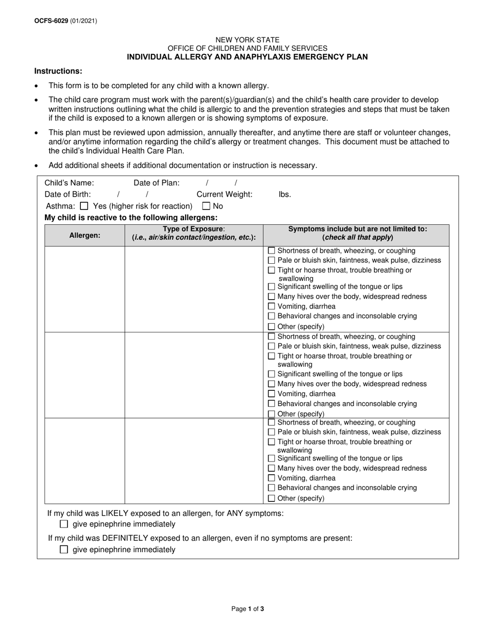 Form OCFS-6029 Individual Allergy and Anaphylaxis Emergency Plan - New York, Page 1