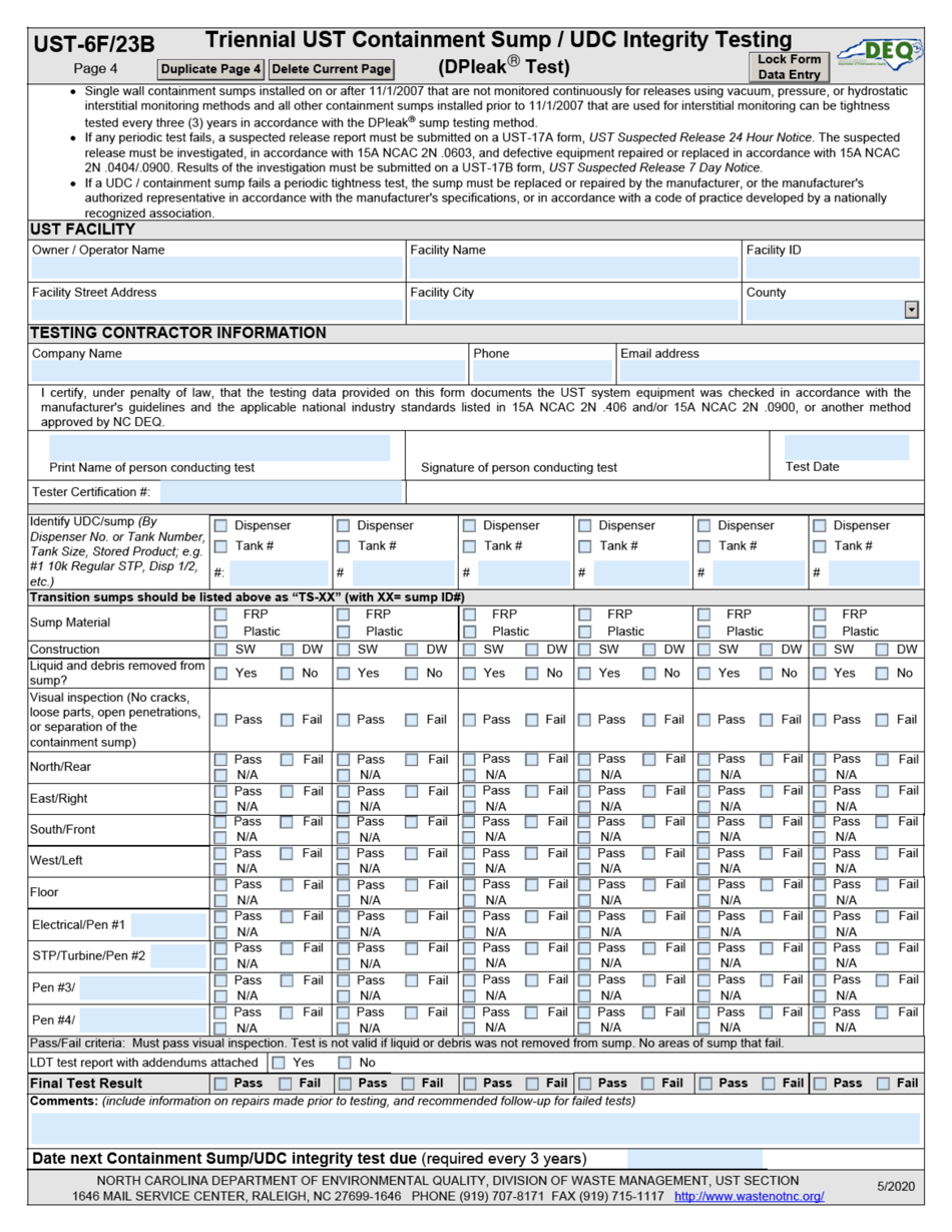 Form UST-6F / 23B Triennial Ust Containment Sump / Udc Integrity Testing (Full Height Hydrostatic or Vacuum Test) - North Carolina, Page 4