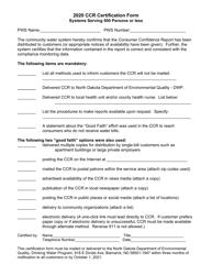 Document preview: Ccr Certification Form - Systems Serving 500 Persons or Less - North Dakota, 2020