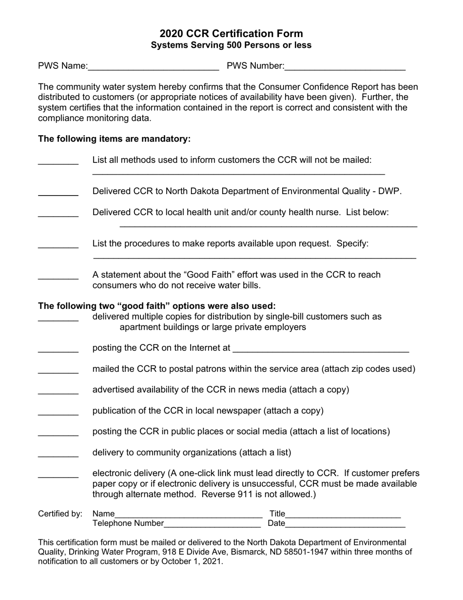 Ccr Certification Form - Systems Serving 500 Persons or Less - North Dakota, Page 1