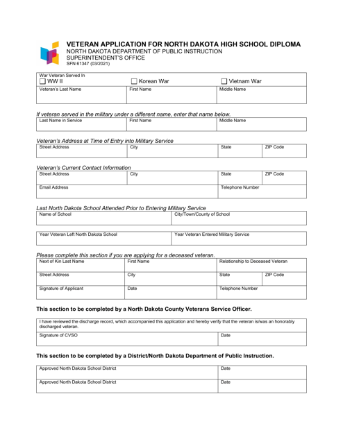 Form SFN61347 Veteran Application for North Dakota High School Diploma - North Dakota