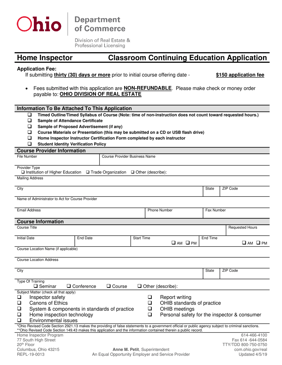 Form REPL-19-0013 Classroom Continuing Education Application - Ohio, Page 1