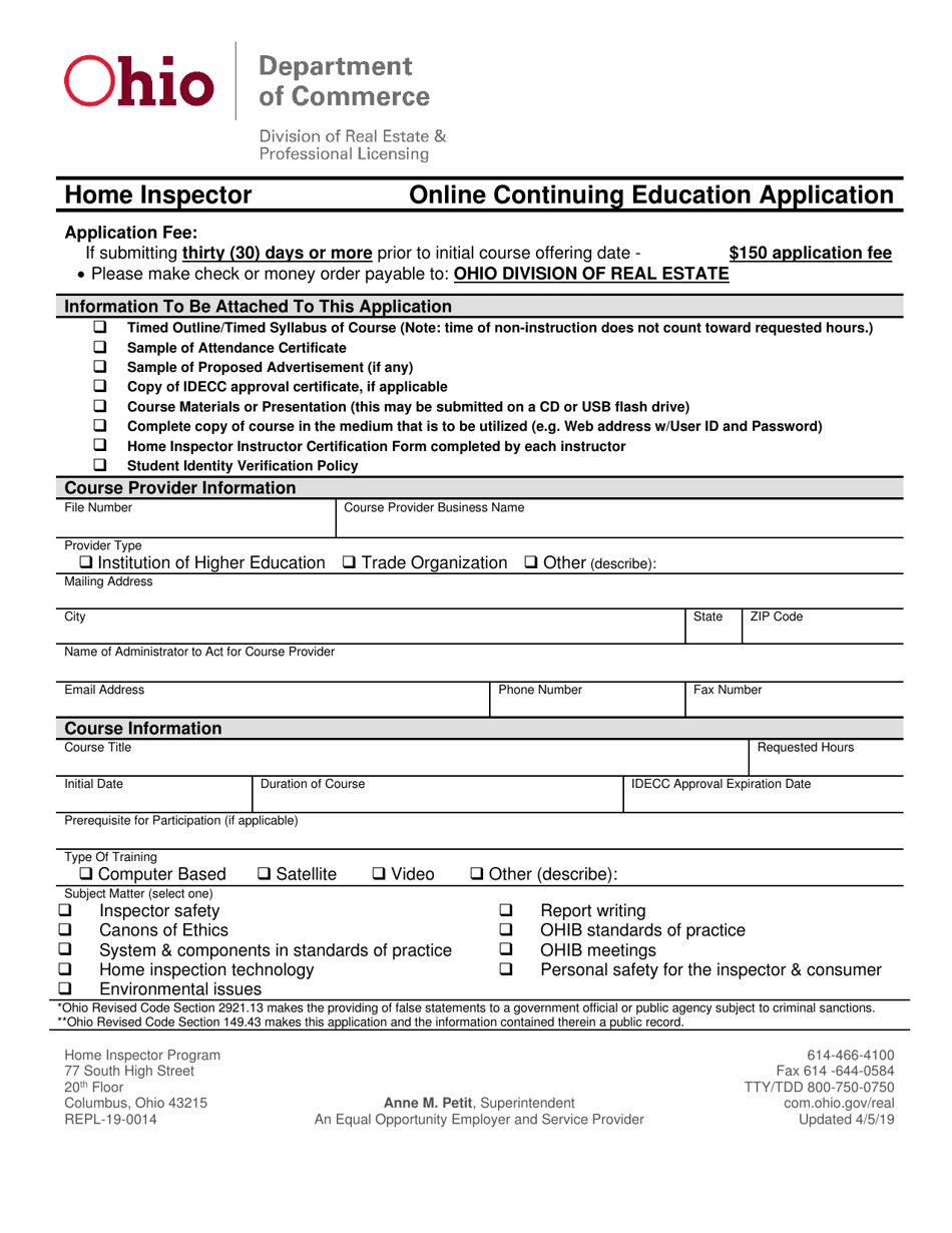 Form REPL-19-0014 Online Continuing Education Application - Ohio, Page 1