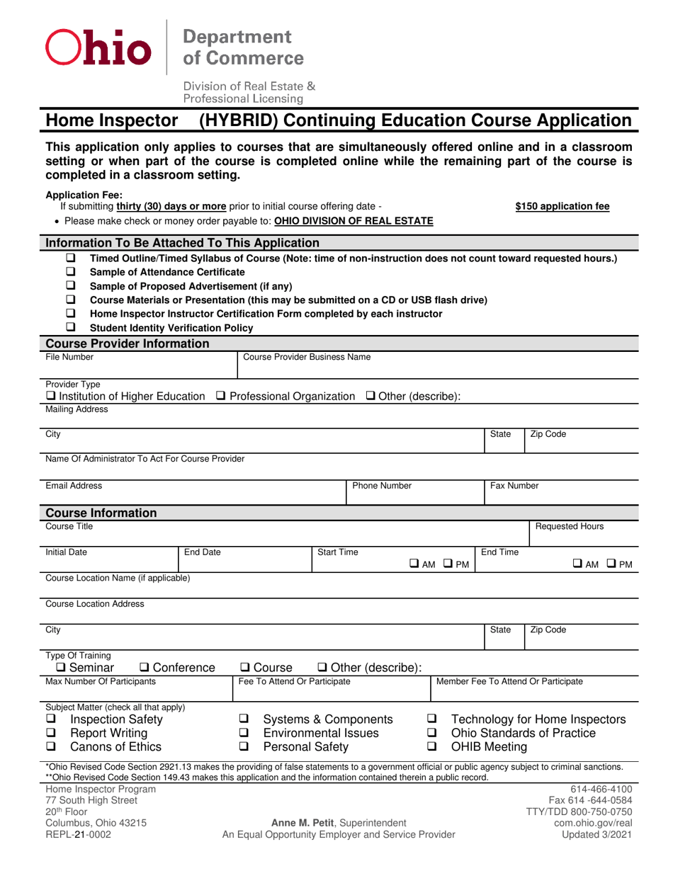 Form REPL-21-0002 Hybrid Continuing Education Course Application - Ohio, Page 1