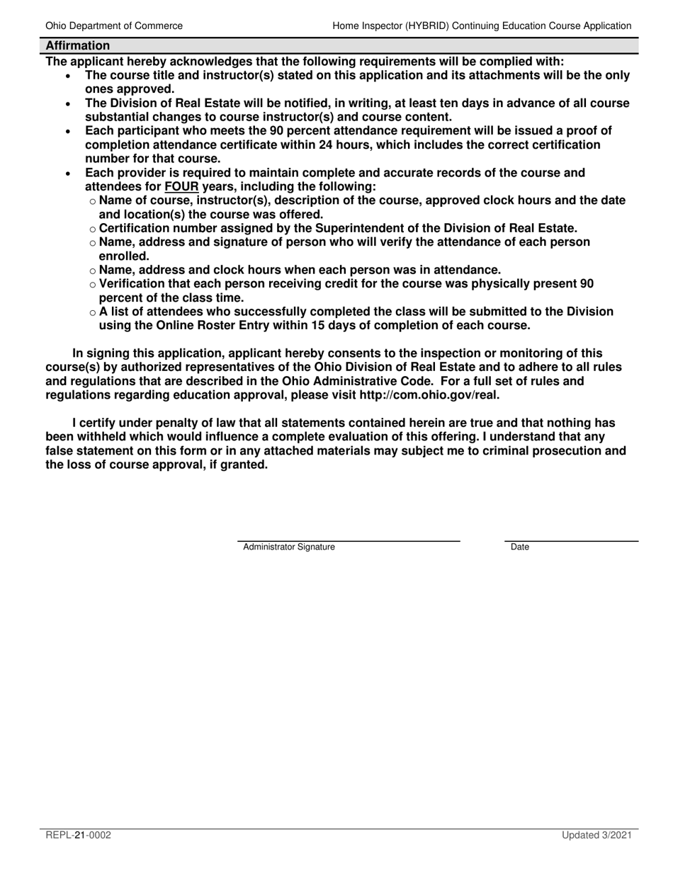 Form REPL-21-0002 Hybrid Continuing Education Course Application - Ohio, Page 3