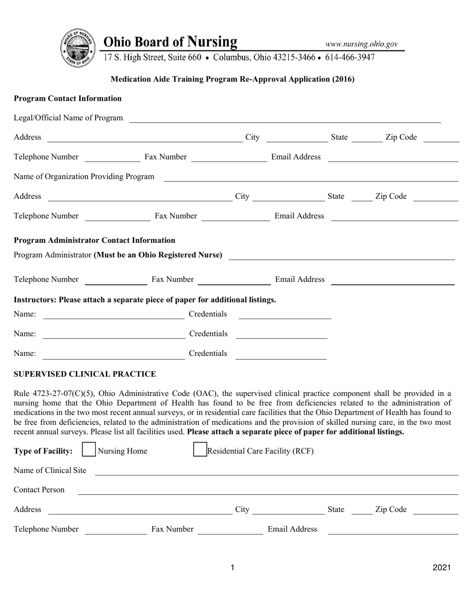 Medication Aide Training Program Re-approval Application - Ohio, Page 1