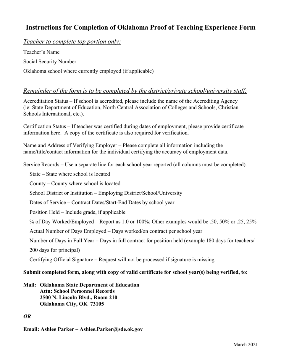 Proof of Teaching Experience - out-Of-Country Teaching Experience - Oklahoma, Page 3