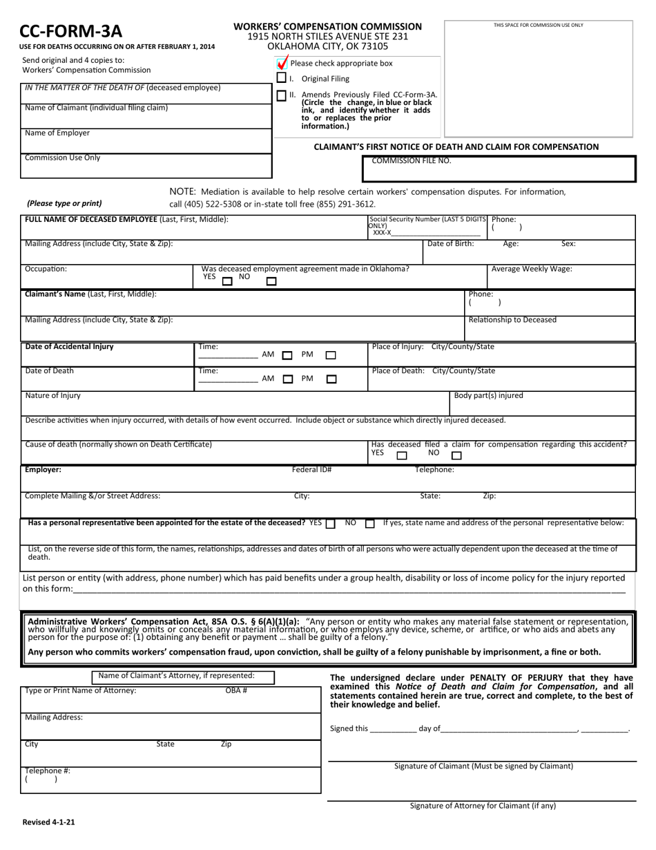 CC- Form 3A Claimants First Notice of Death and Claim for Compensation - Oklahoma, Page 1