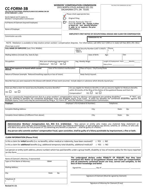 CC- Form 3B Employee's First Notice of Occupational Disease and Claim for Compensation - Oklahoma