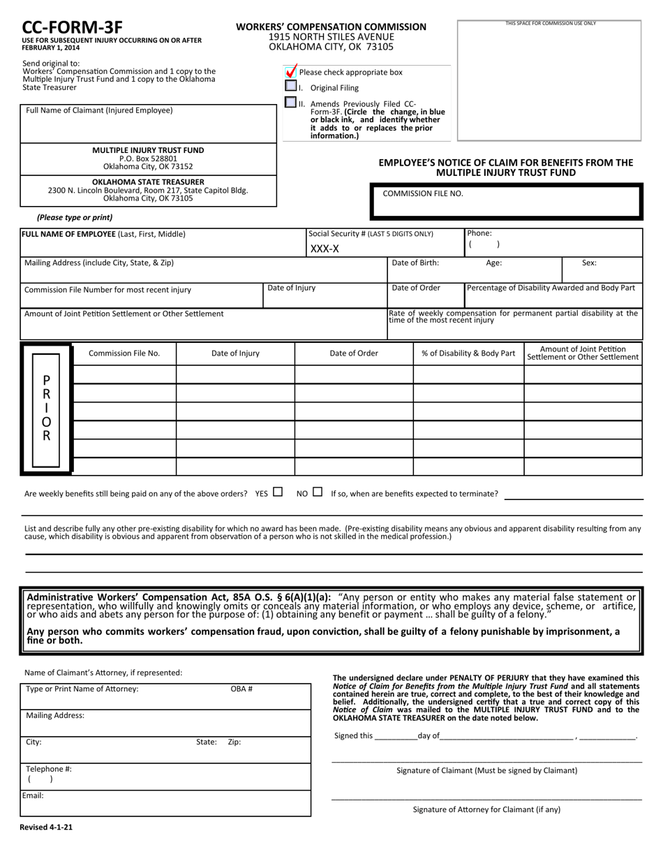CC- Form 3F Employee's Notice of Claim for Benefits From the Multiple Injury Trust Fund - Oklahoma, Page 1