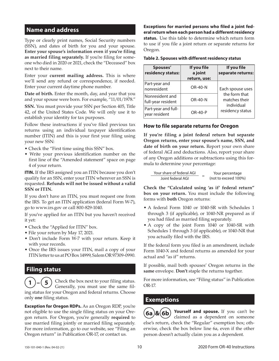 Instructions for Form OR-40, 150-101-040 Oregon Individual Income Tax Return for Full-Year Residents - Oregon, Page 10