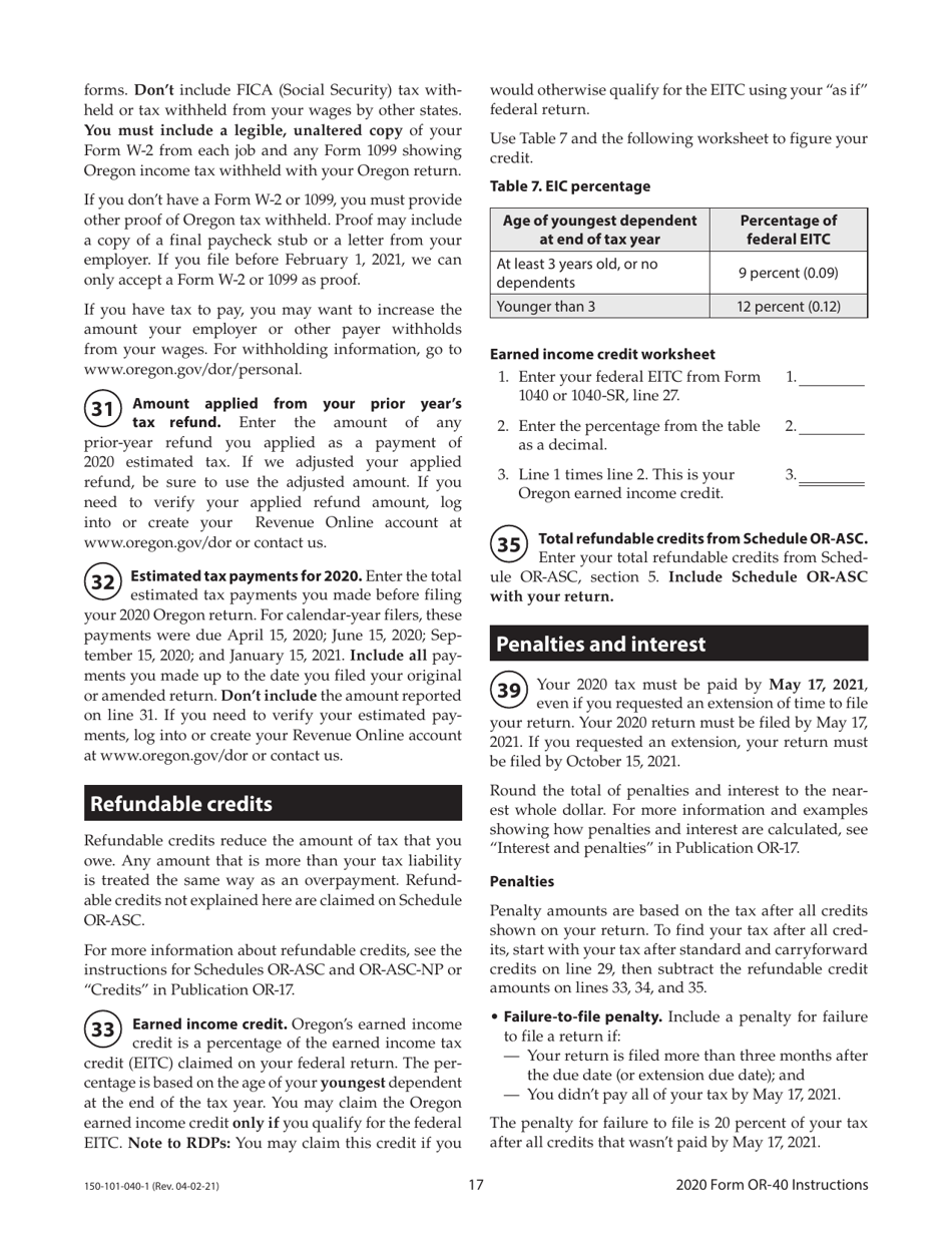 Instructions for Form OR-40, 150-101-040 Oregon Individual Income Tax Return for Full-Year Residents - Oregon, Page 17