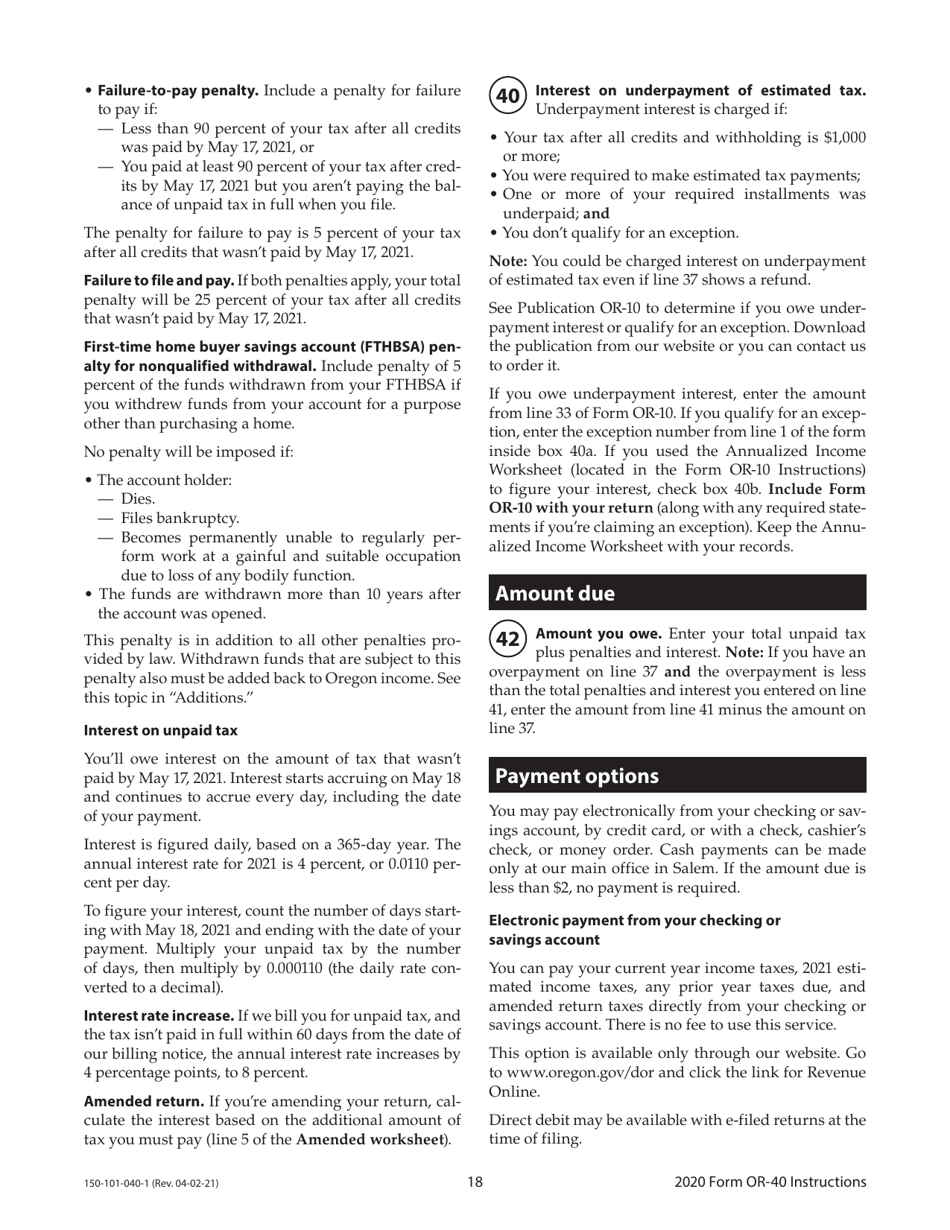 Instructions for Form OR-40, 150-101-040 Oregon Individual Income Tax Return for Full-Year Residents - Oregon, Page 18