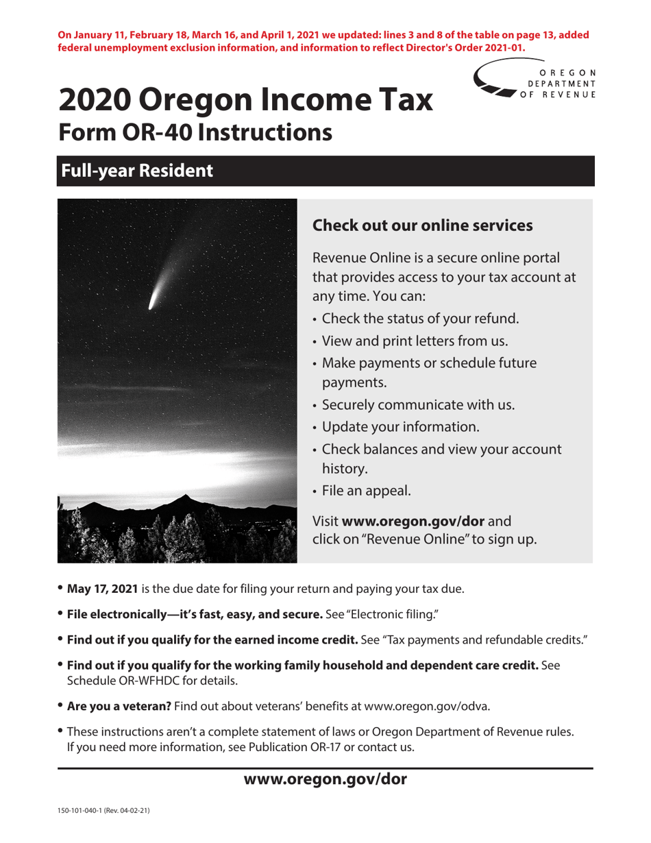Instructions for Form OR-40, 150-101-040 Oregon Individual Income Tax Return for Full-Year Residents - Oregon, Page 1