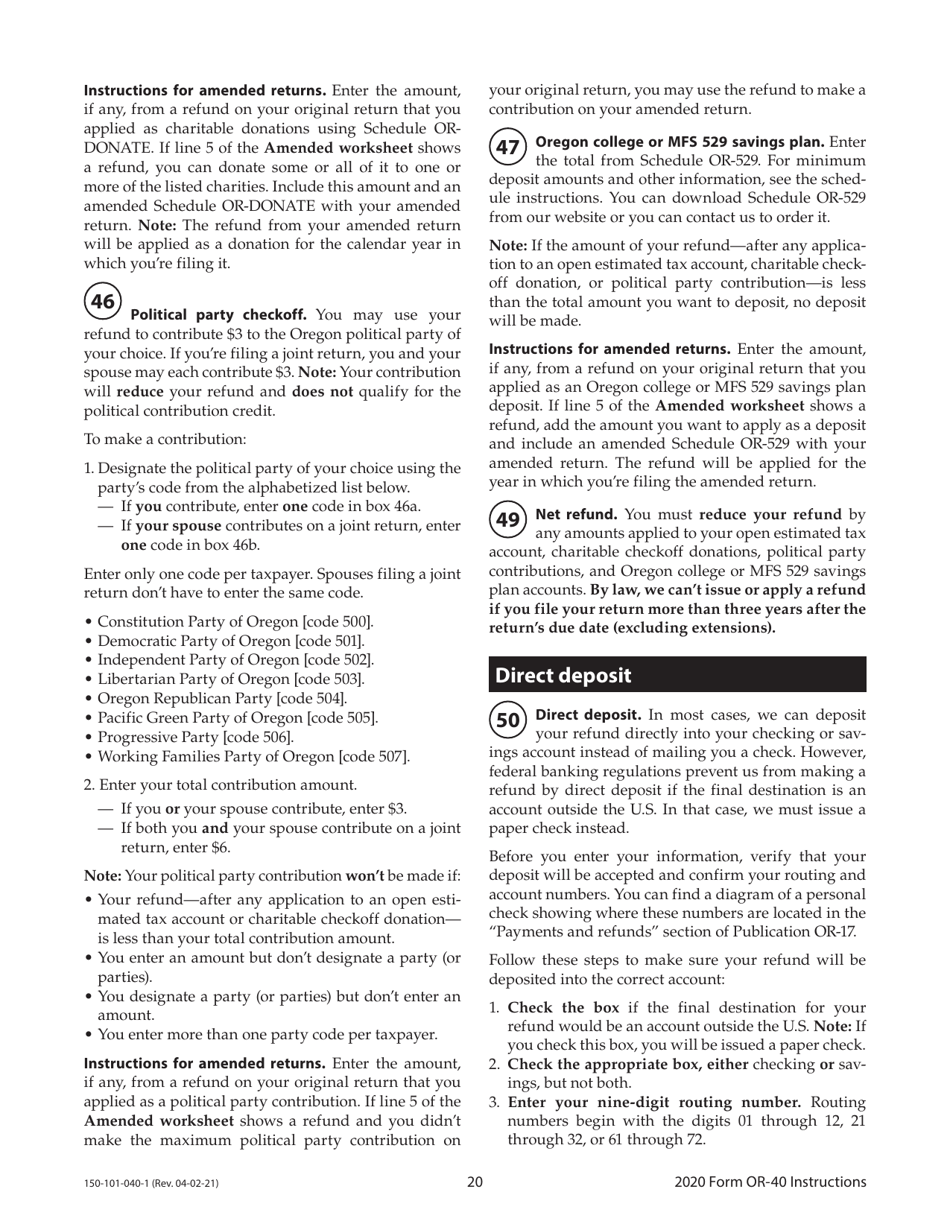 Instructions for Form OR-40, 150-101-040 Oregon Individual Income Tax Return for Full-Year Residents - Oregon, Page 20