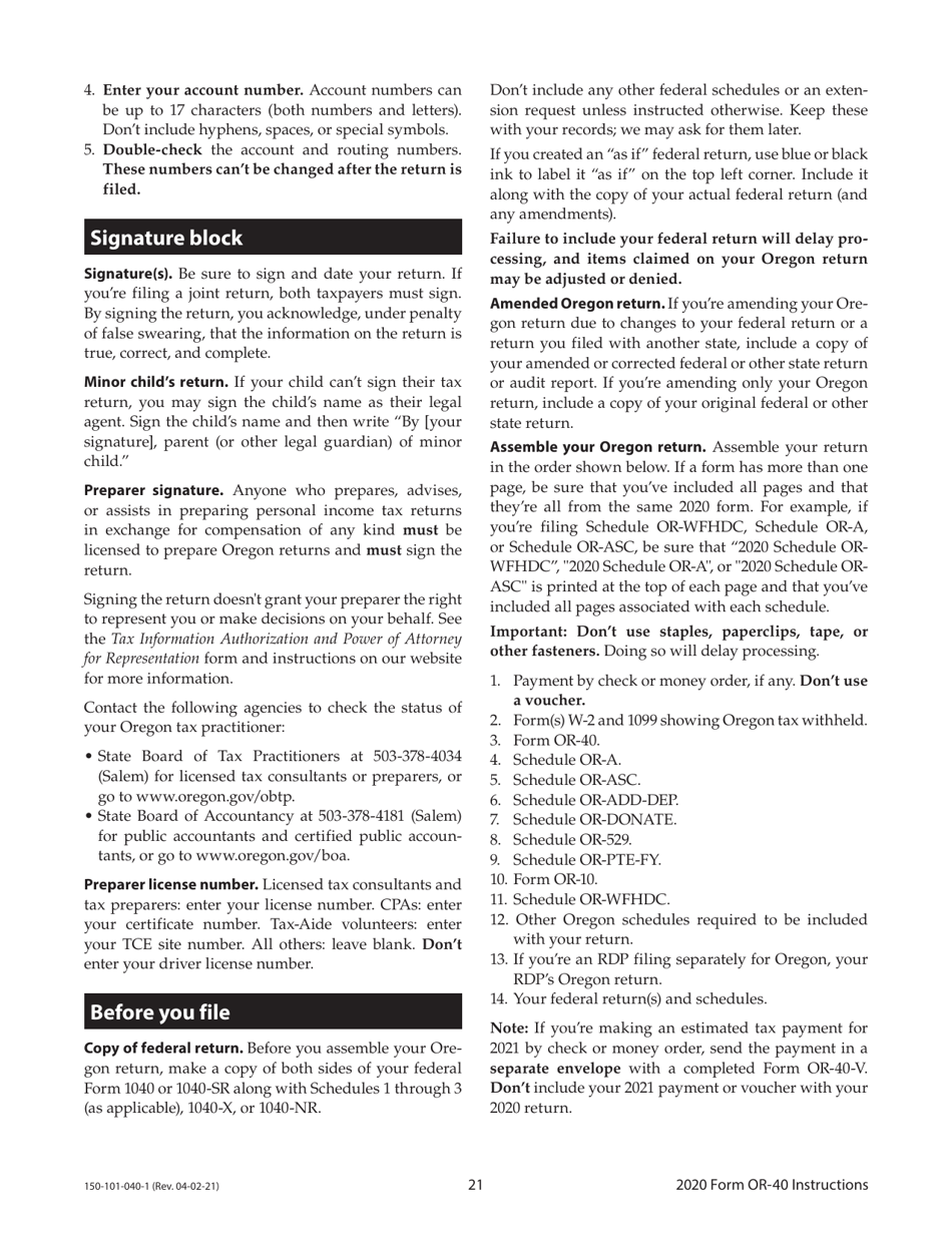 Instructions for Form OR-40, 150-101-040 Oregon Individual Income Tax Return for Full-Year Residents - Oregon, Page 21