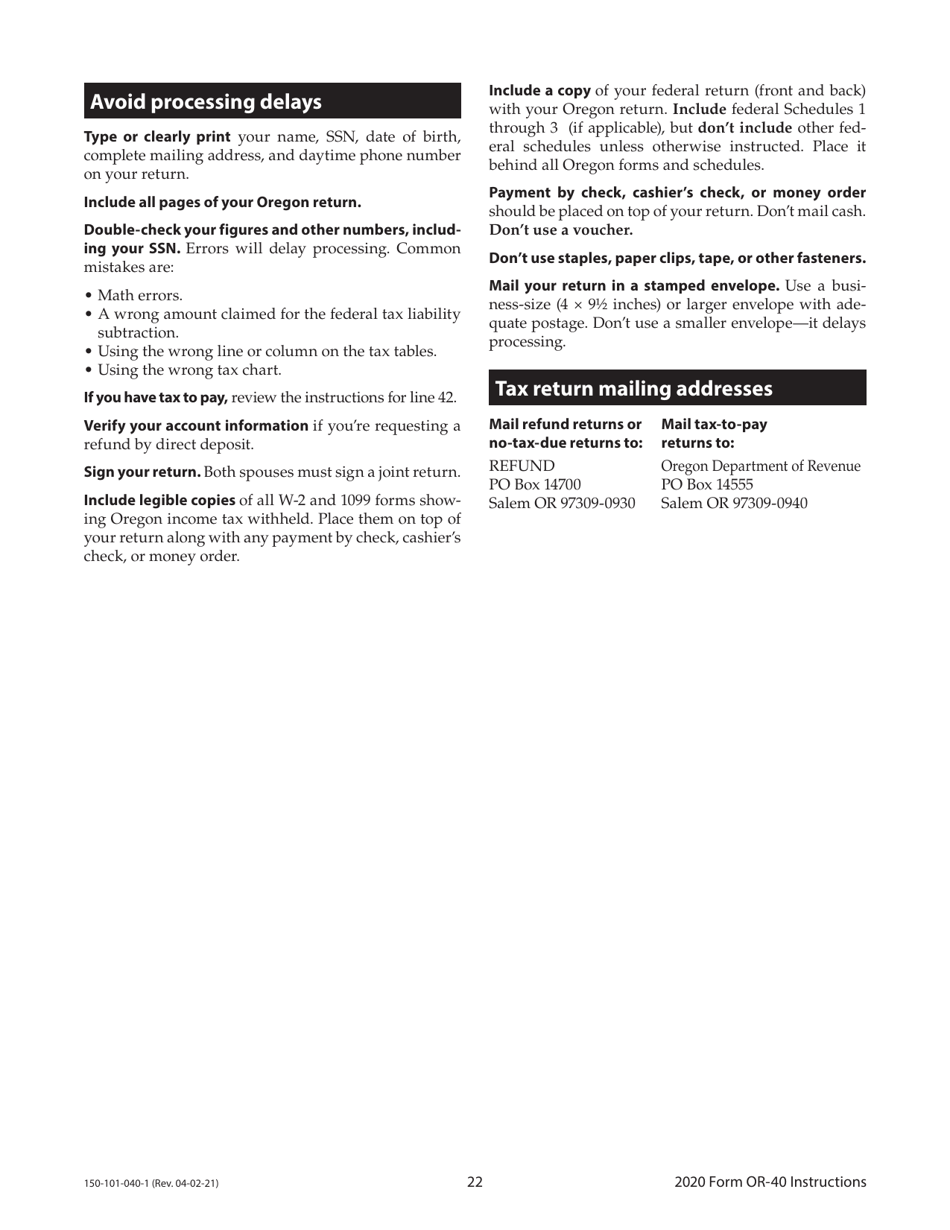 Instructions for Form OR-40, 150-101-040 Oregon Individual Income Tax Return for Full-Year Residents - Oregon, Page 22