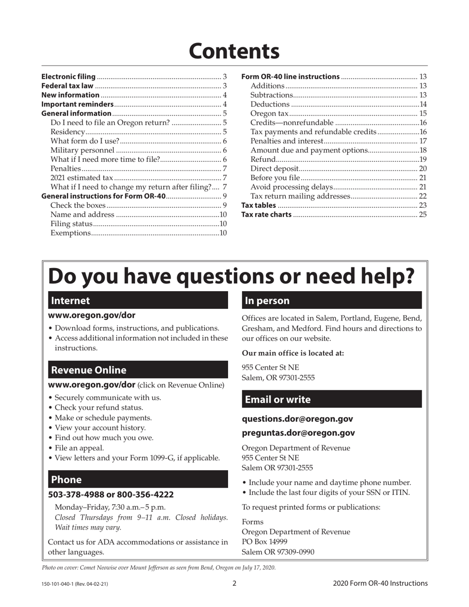 Instructions for Form OR-40, 150-101-040 Oregon Individual Income Tax Return for Full-Year Residents - Oregon, Page 2