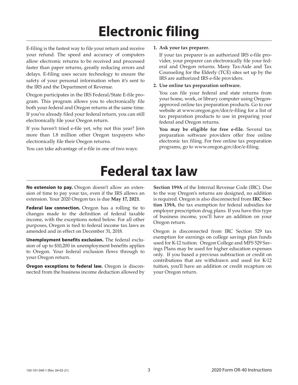 Instructions for Form OR-40, 150-101-040 Oregon Individual Income Tax Return for Full-Year Residents - Oregon, Page 3