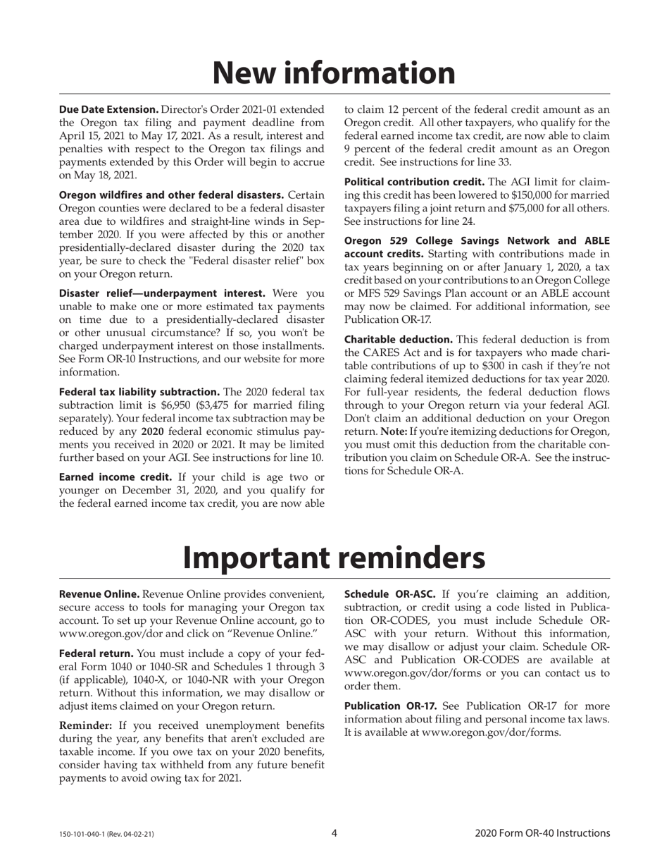 Instructions for Form OR-40, 150-101-040 Oregon Individual Income Tax Return for Full-Year Residents - Oregon, Page 4