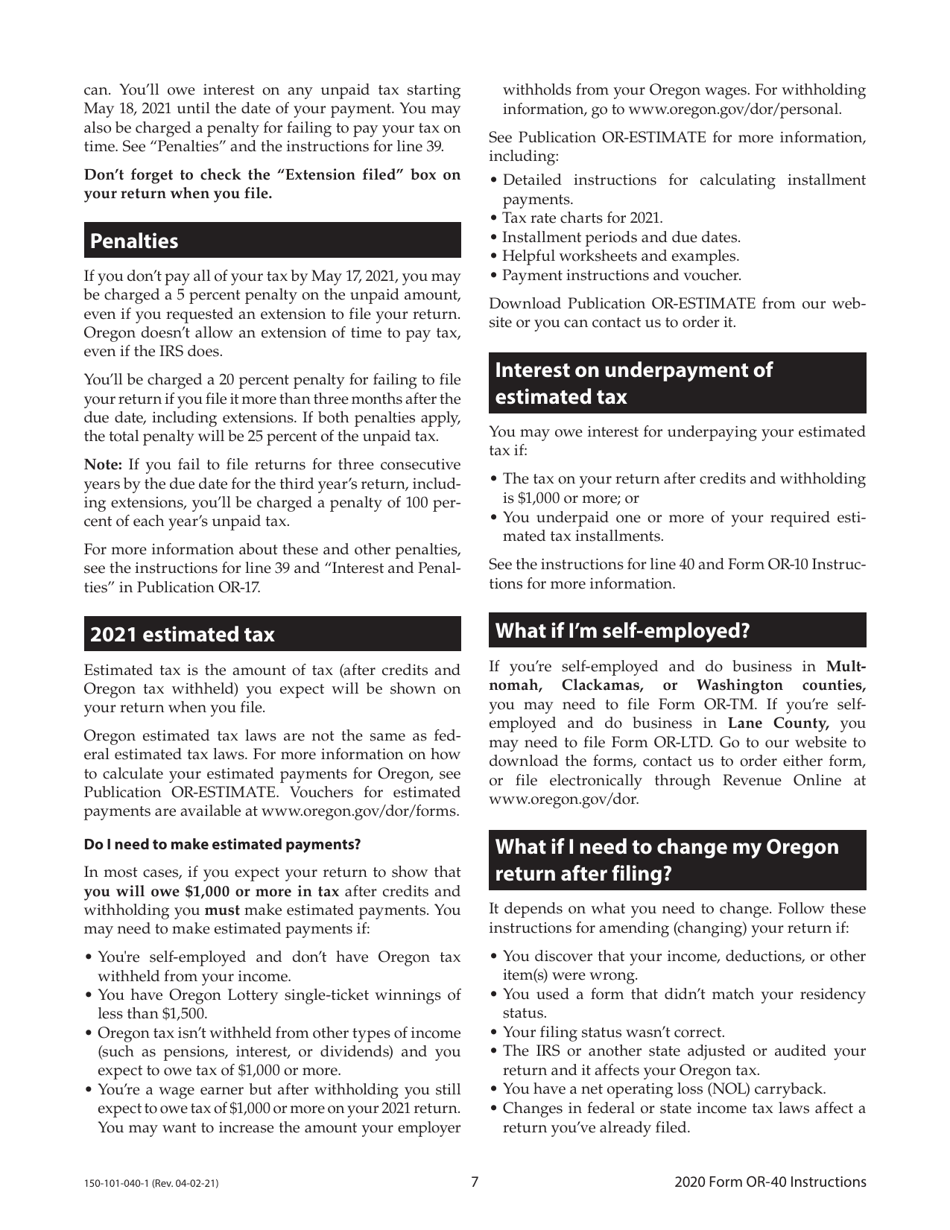 Instructions for Form OR-40, 150-101-040 Oregon Individual Income Tax Return for Full-Year Residents - Oregon, Page 7