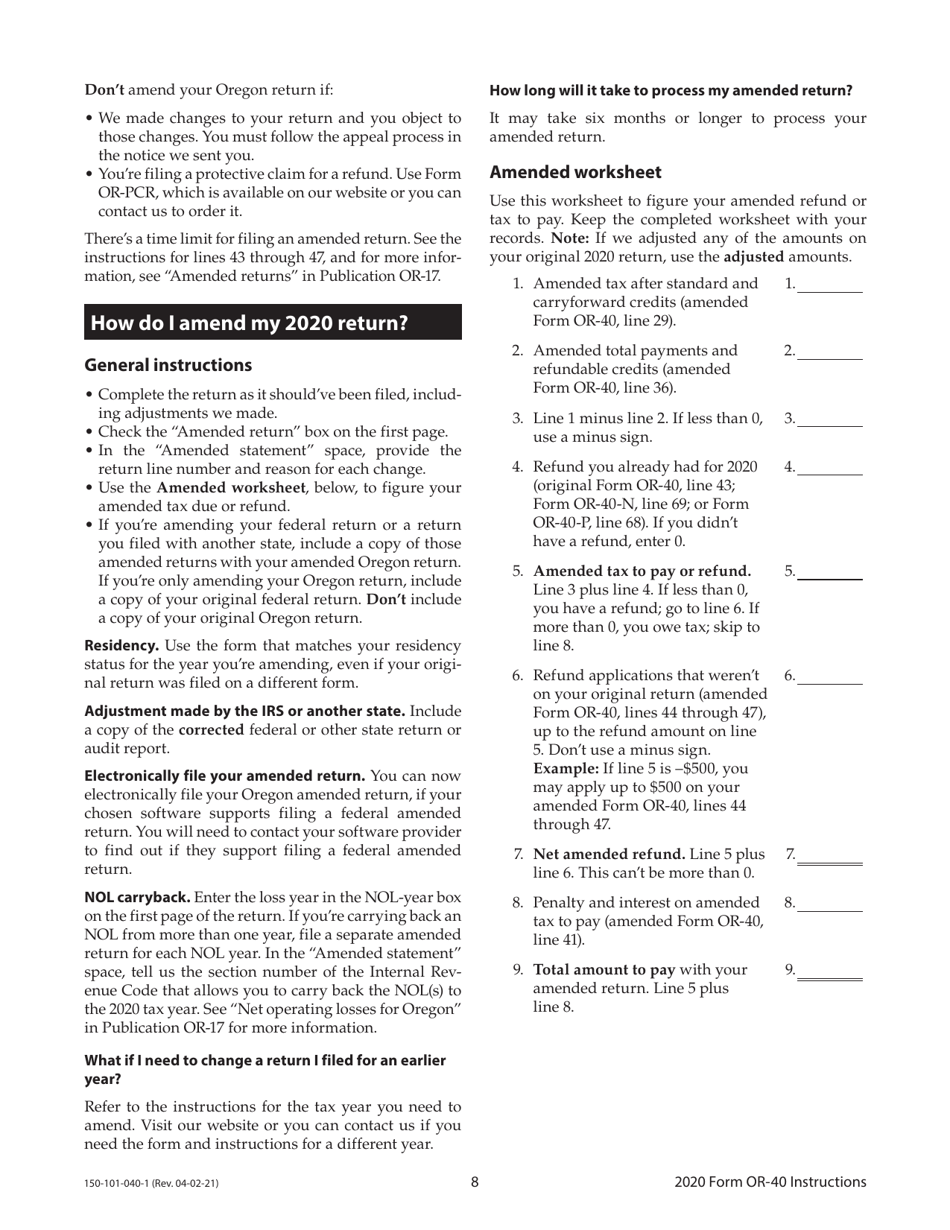 Instructions for Form OR-40, 150-101-040 Oregon Individual Income Tax Return for Full-Year Residents - Oregon, Page 8
