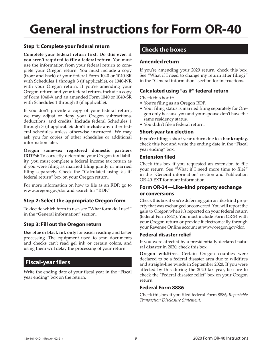 Instructions for Form OR-40, 150-101-040 Oregon Individual Income Tax Return for Full-Year Residents - Oregon, Page 9