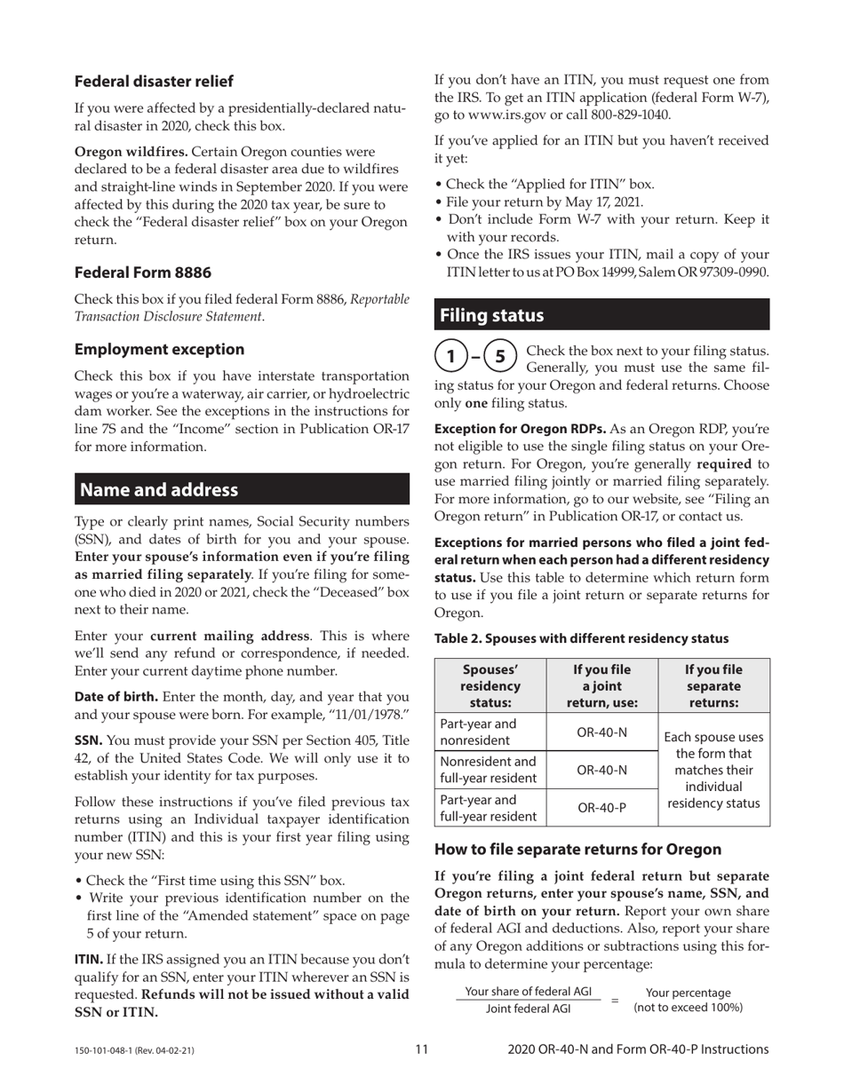 Instructions for Form OR-40-N, 150-101-048, OR-40-P, 150-101-055 - Oregon, Page 11