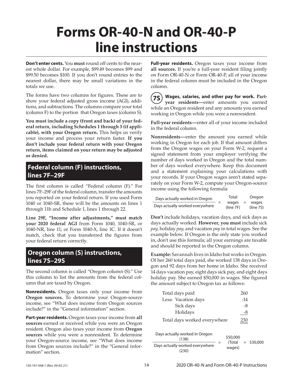 Instructions for Form OR-40-N, 150-101-048, OR-40-P, 150-101-055 - Oregon, Page 14