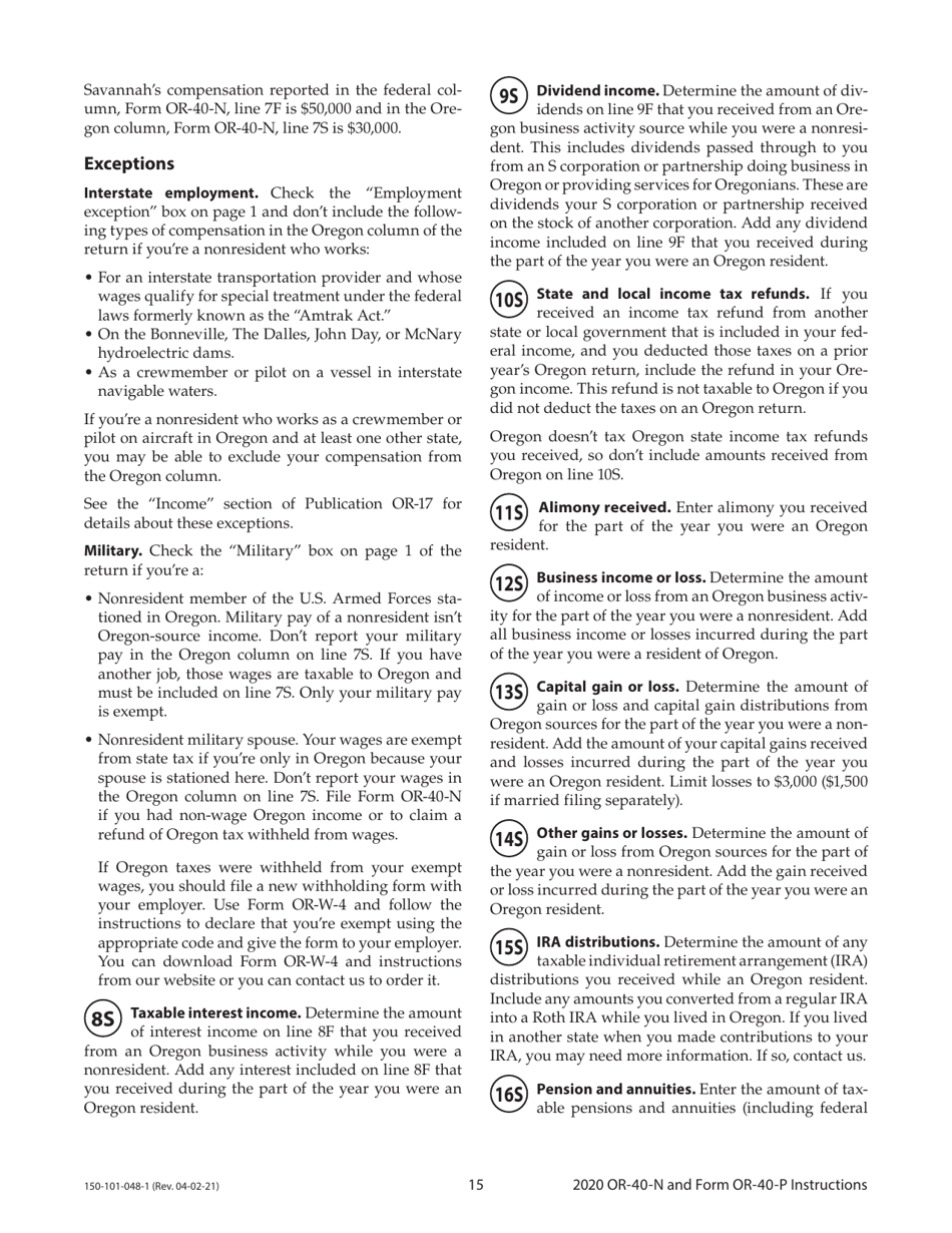 Instructions for Form OR-40-N, 150-101-048, OR-40-P, 150-101-055 - Oregon, Page 15