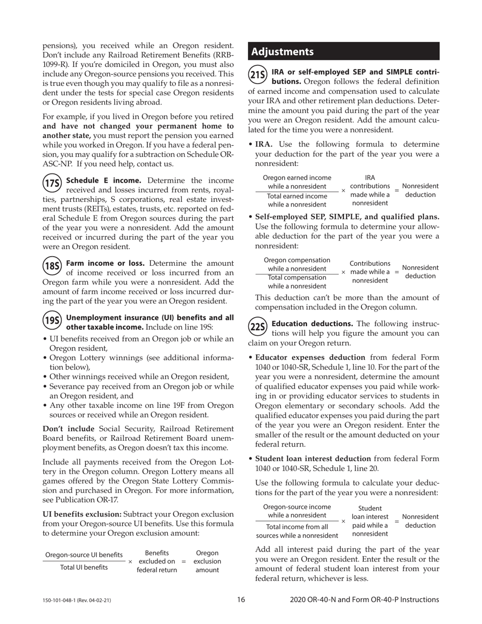 Instructions for Form OR-40-N, 150-101-048, OR-40-P, 150-101-055 - Oregon, Page 16