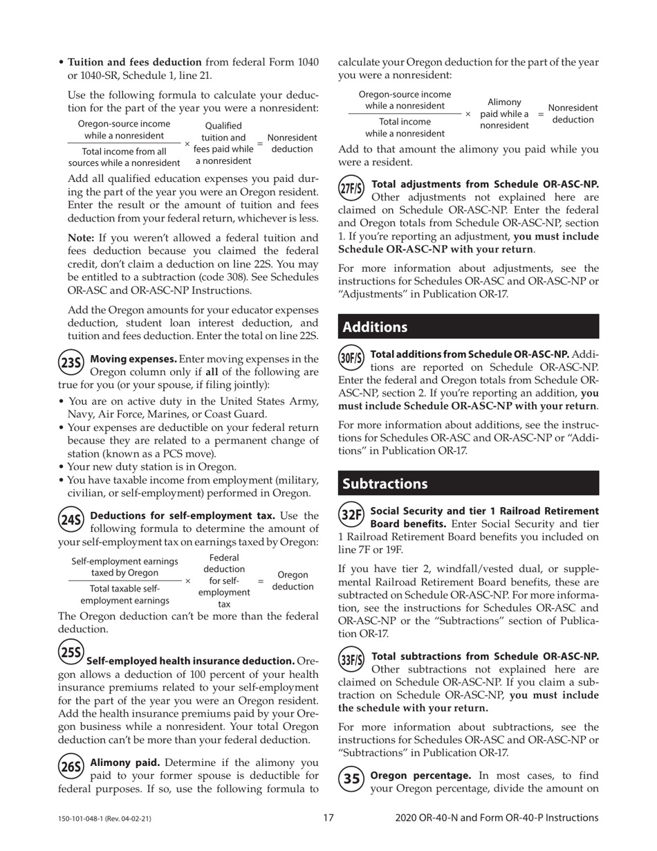 Instructions for Form OR-40-N, 150-101-048, OR-40-P, 150-101-055 - Oregon, Page 17
