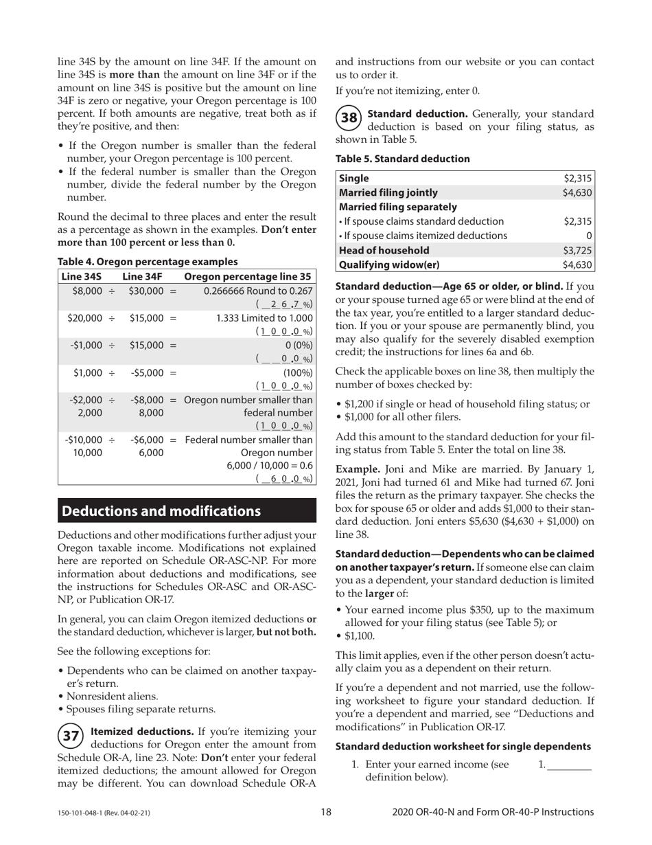 Instructions for Form OR-40-N, 150-101-048, OR-40-P, 150-101-055 - Oregon, Page 18
