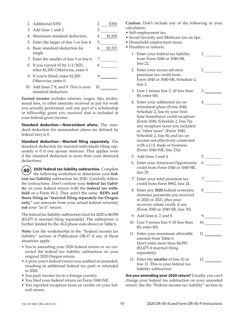 Instructions for Form OR-40-N, 150-101-048, OR-40-P, 150-101-055 - Oregon, Page 19