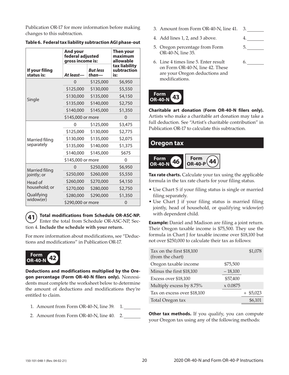 Instructions for Form OR-40-N, 150-101-048, OR-40-P, 150-101-055 - Oregon, Page 20