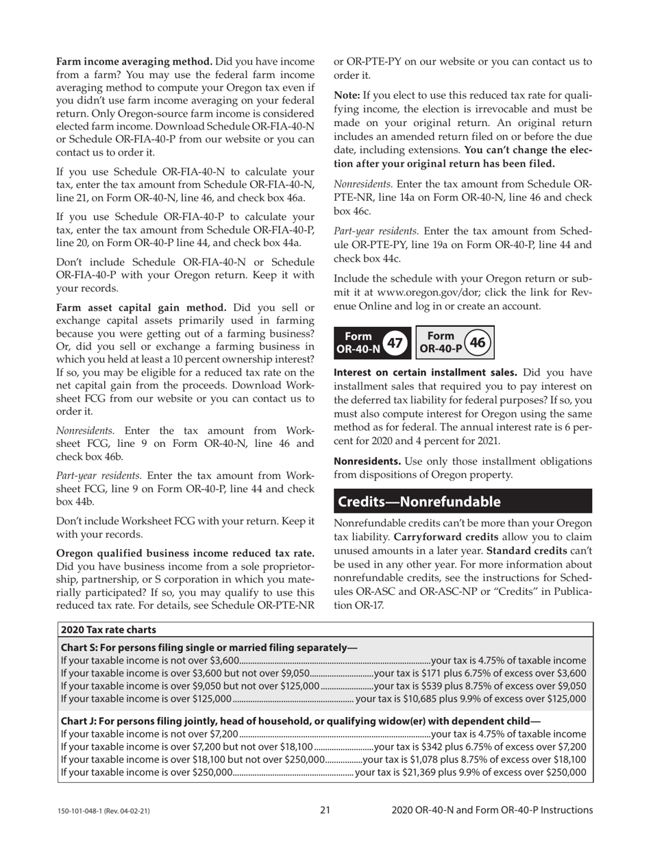 Instructions for Form OR-40-N, 150-101-048, OR-40-P, 150-101-055 - Oregon, Page 21