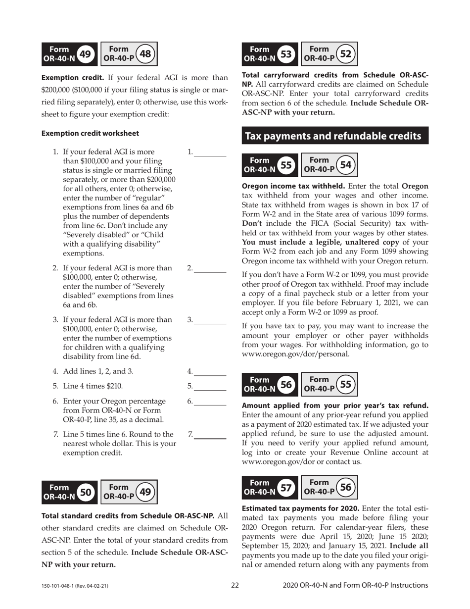 Instructions for Form OR-40-N, 150-101-048, OR-40-P, 150-101-055 - Oregon, Page 22