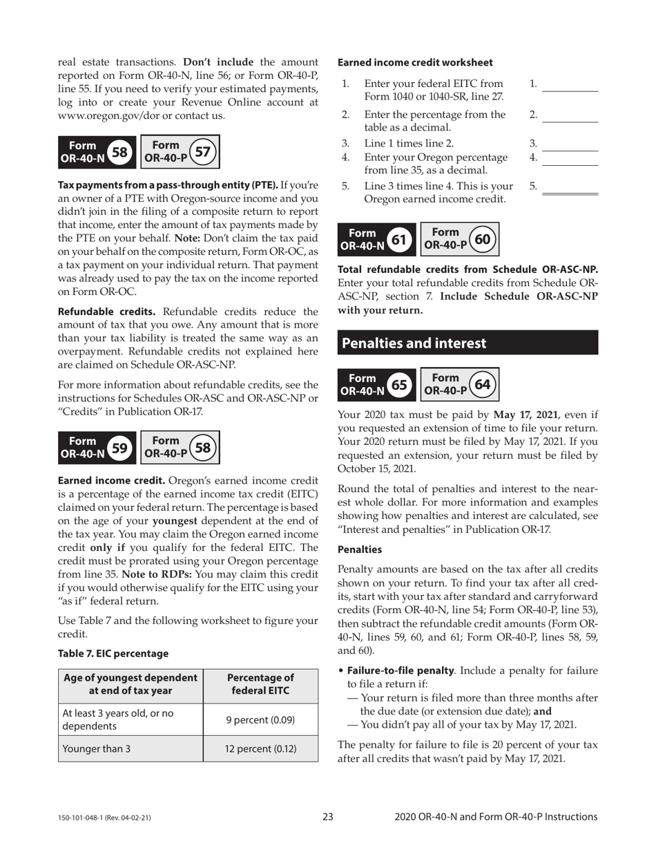 Instructions for Form OR-40-N, 150-101-048, OR-40-P, 150-101-055 - Oregon, Page 23
